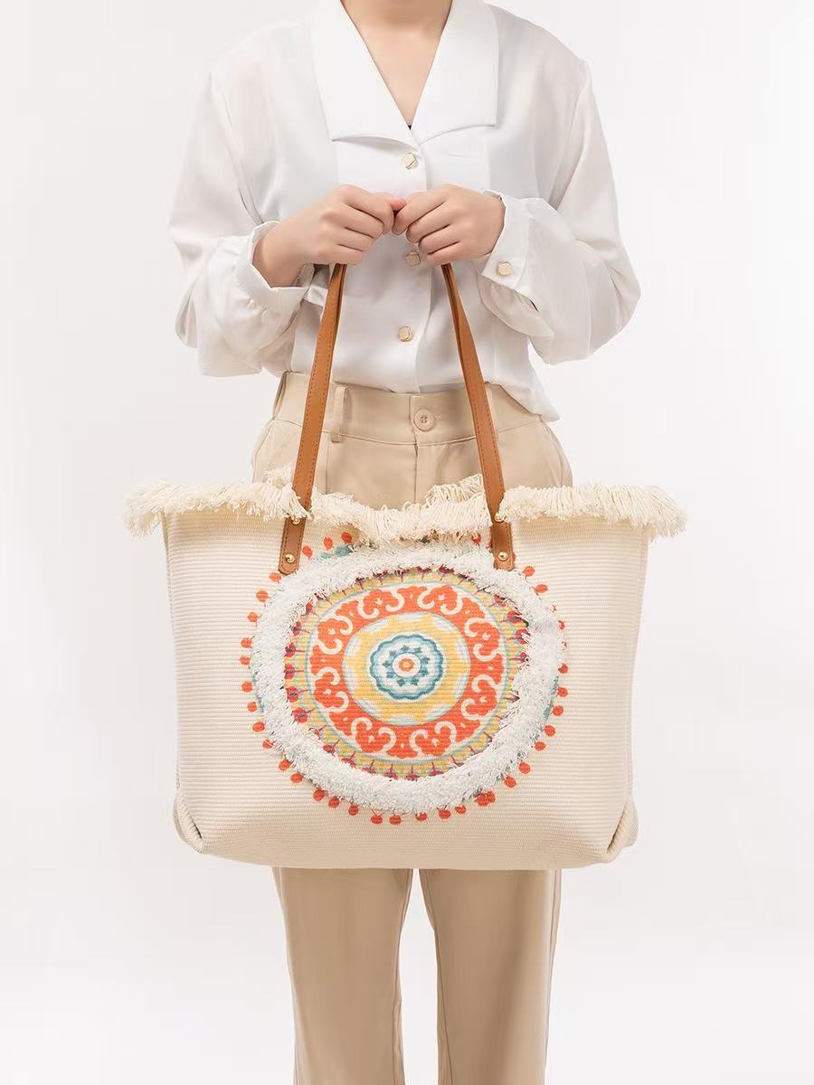 Women'S Raffia Bags - Raffia draagtas met kleurrijke mandala patch