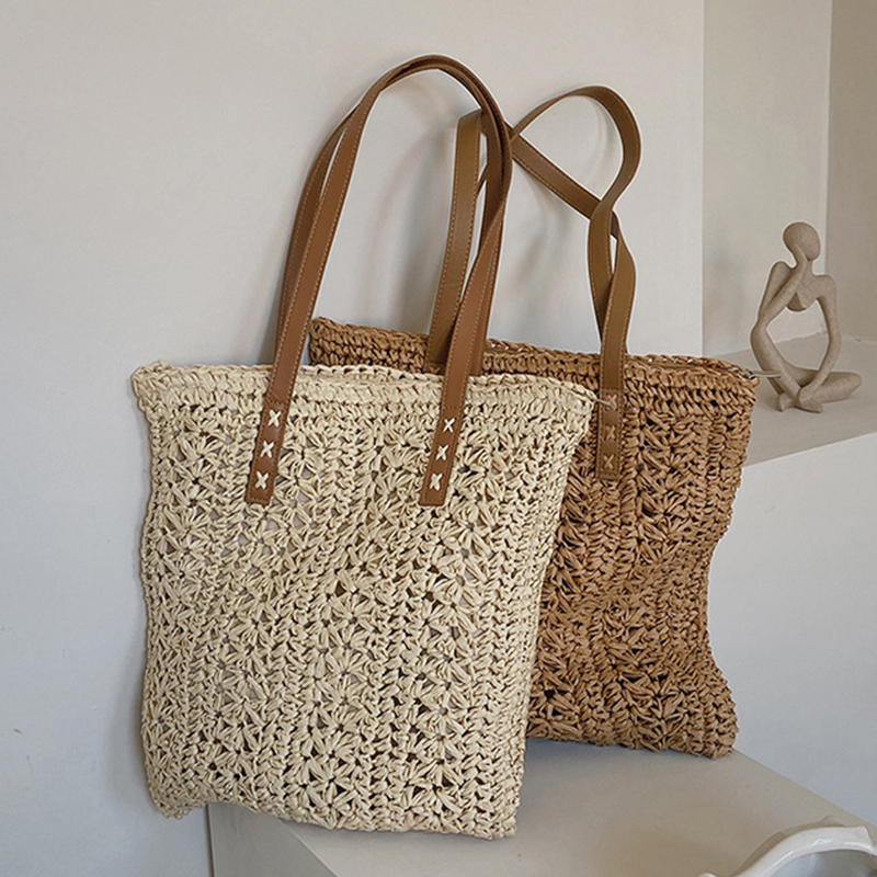 Women'S Raffia Bags - Vierkante holle stro strandtas handgemaakte geweven